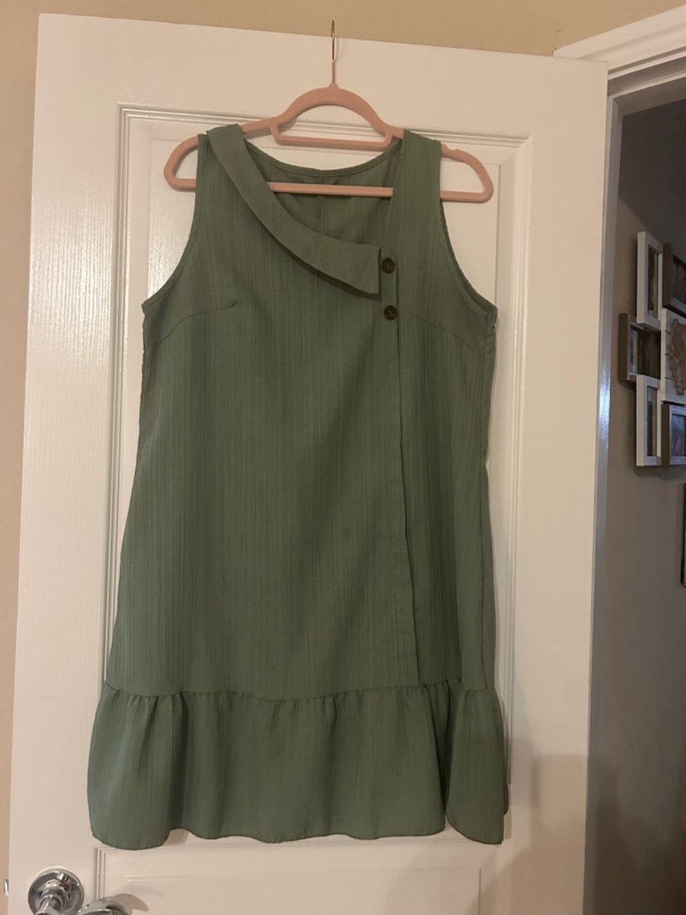 SHEIN Sleeveless Sage Green Ruffle-Hem Dress with Button Detail